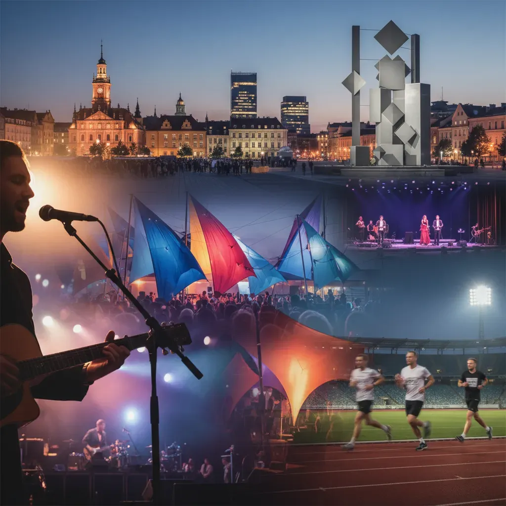 Realistyczne zdjęcie przedstawiające kulturalne wydarzenia w Poznaniu: scena koncertowa, teatr i tłum na imprezie plenerowej.