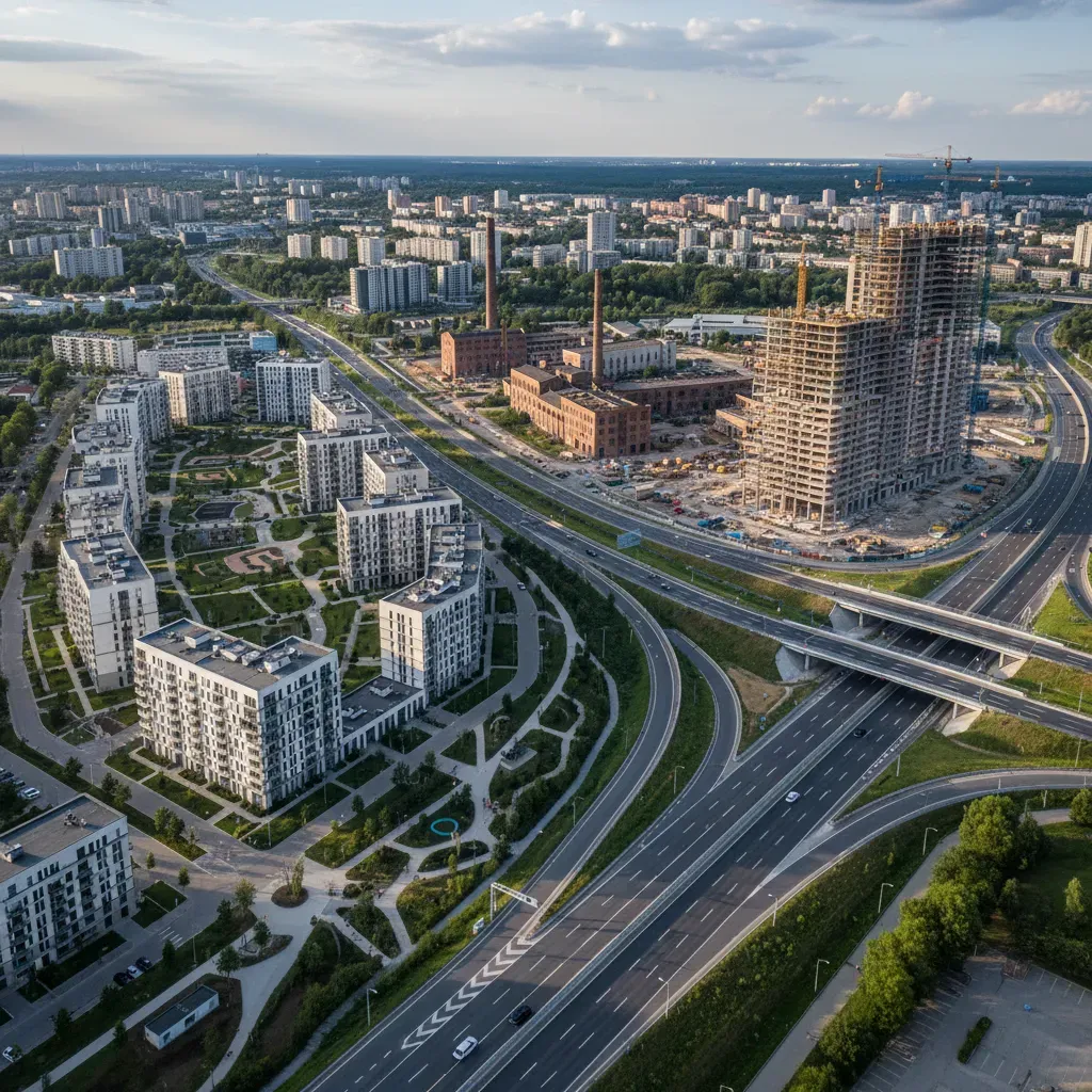 Realistyczne zdjęcie nowoczesnego miasta z nową infrastrukturą drogową i rozwijającymi się osiedlami.