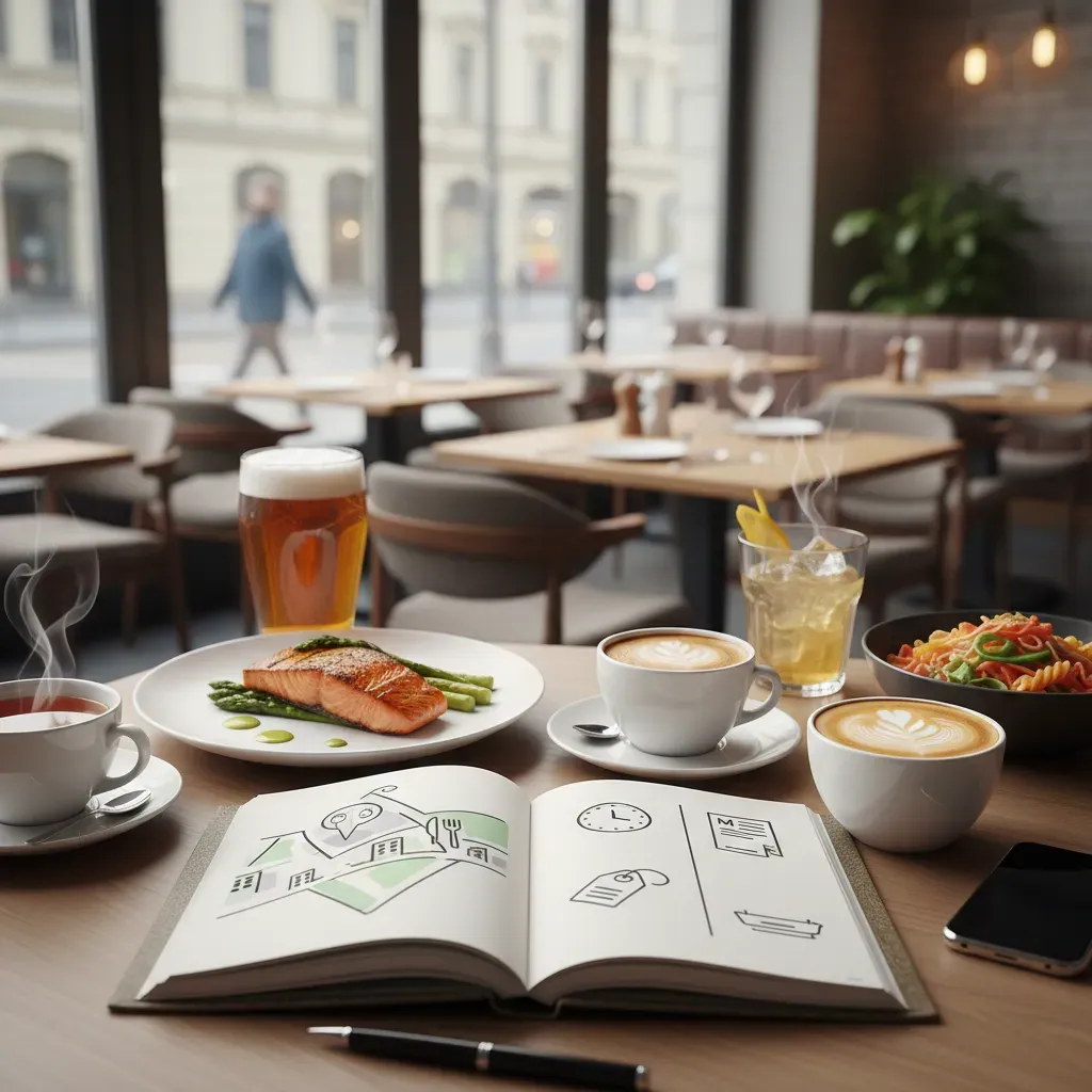 Aestetyczne zdjęcie wnętrzka restauracji z elegancko podanym daniem na stole, kawa i akcesoria kulinarne w tle.