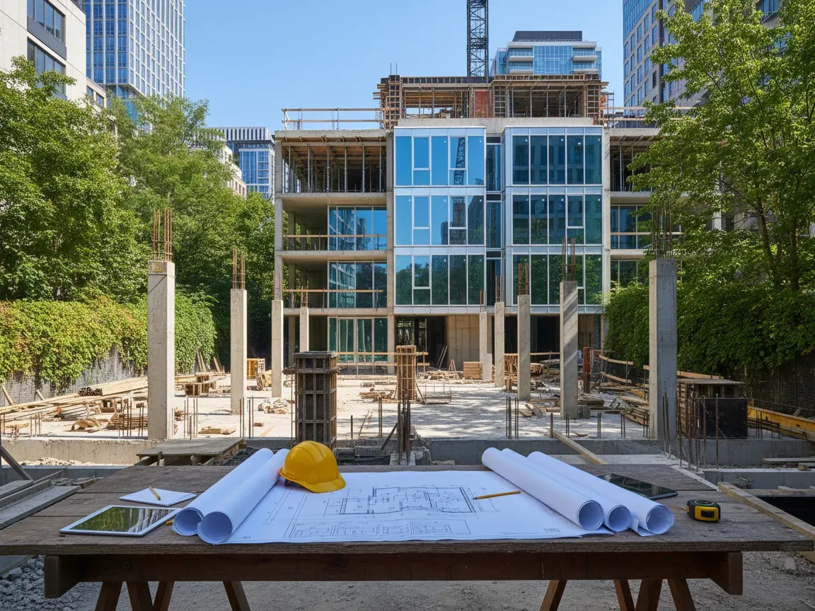 Plac budowy nowoczesnego apartamentowca ze szklaną elewacją, plany architektoniczne na drewnianym stole w słońcu.