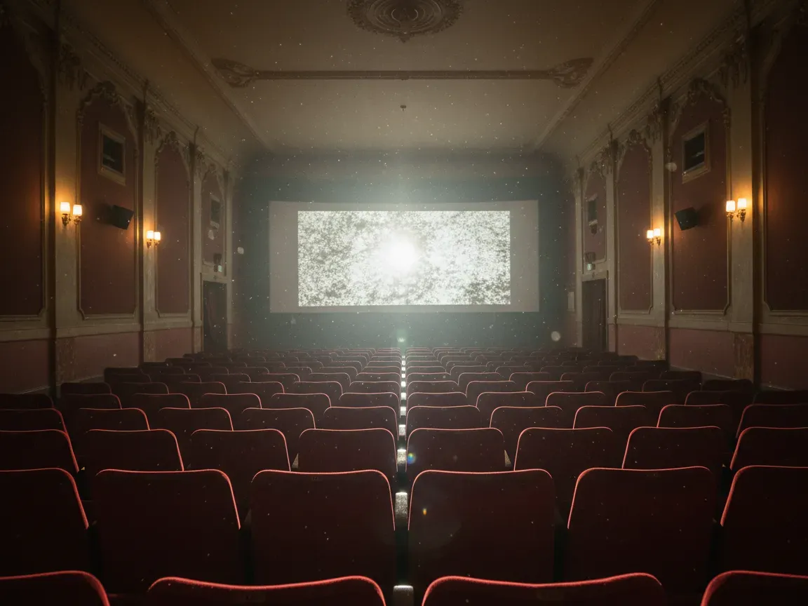 Pusta sala kinowa w stylu retro z czerwonymi, aksamitnymi fotelami, snopem światła projektora i świecącym ekranem.
