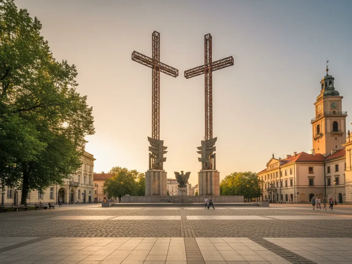 Zdjęcie Pomnika Czerwca 1956 w Poznaniu: dwa potężne stalowe krzyże na tle złotego nieba, plac i zieleń.