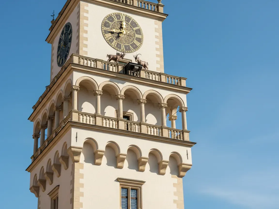 Renesansowa wieża ratusza w Poznaniu w południe, nad ozdobnym zegarem dwa mechaniczne koziołki trykające się głowami, błękitne niebo.