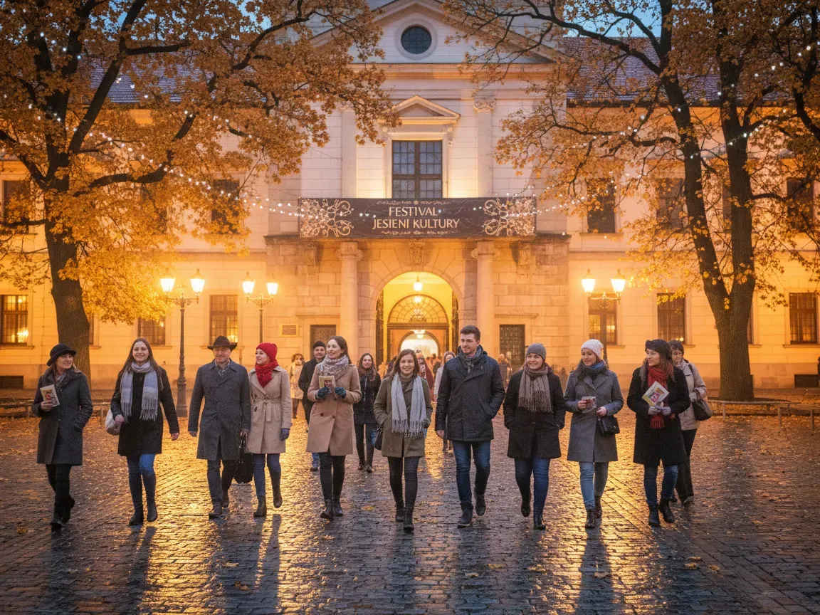 Miłośnicy kultury wchodzą do oświetlonej historycznej placówki w Poznaniu jesiennym wieczorem. Złote liście, mokry chodnik, ciepła atmosfera.
