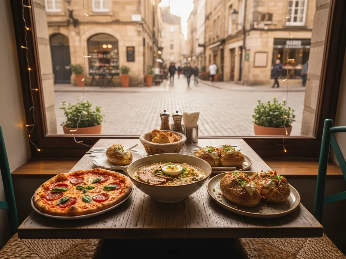 Rustykalny stół bistro z ramenem, pizzą i ziemniakami. W popołudniowym świetle przez okno widać brukowaną ulicę.