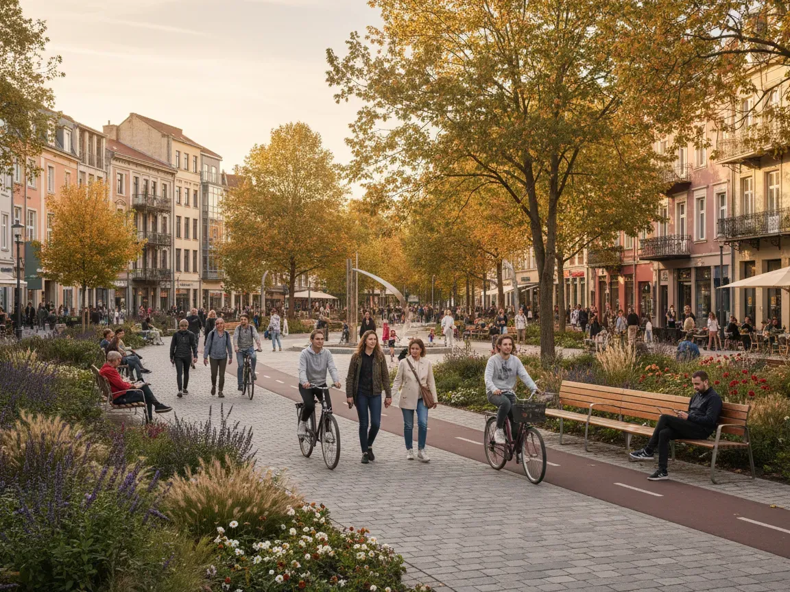 Odnowiony europejski park miejski z ludźmi spacerującymi, siedzącymi na ławkach i jeżdżącymi na rowerach w ciepłym świetle.