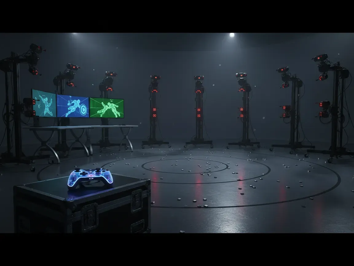 Puste studio motion capture z kamerami, świecącymi monitorami, kontrolerem i nastrojowym oświetleniem.