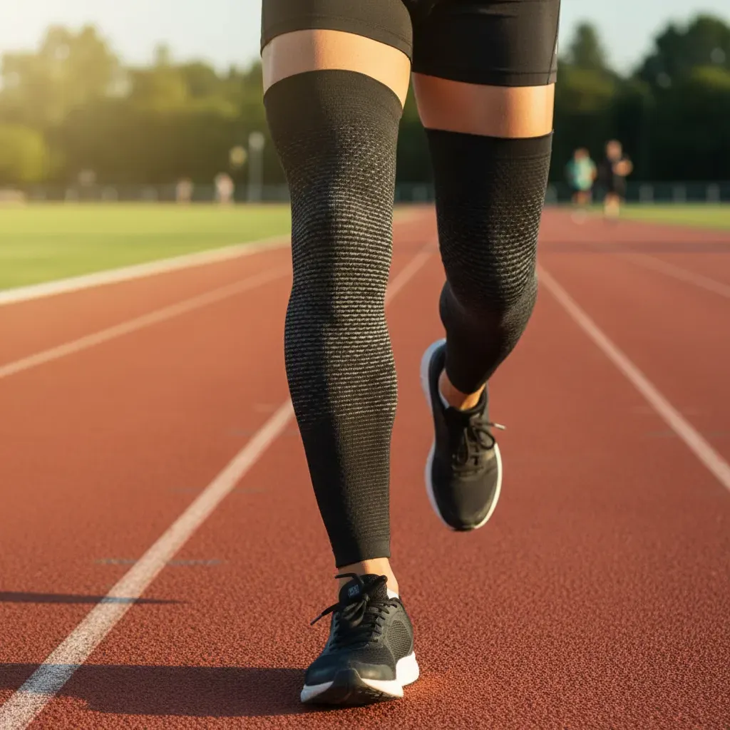 Biegacz w getrach kompresyjnych na bieżni, podkreślający regenerację i komfort sportowca.