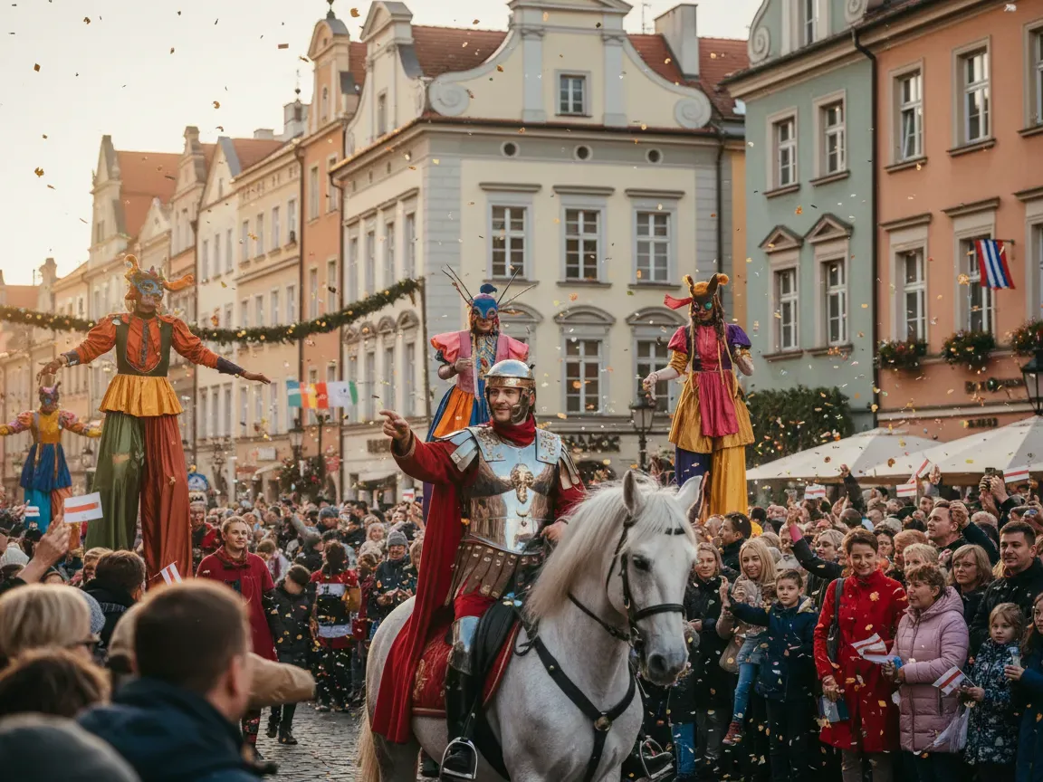 Uroczysta parada uliczna w Poznaniu: św. Martin w rzymskiej zbroi na białym koniu, tłum, kuglarze na szczudłach, jesienna światłość.