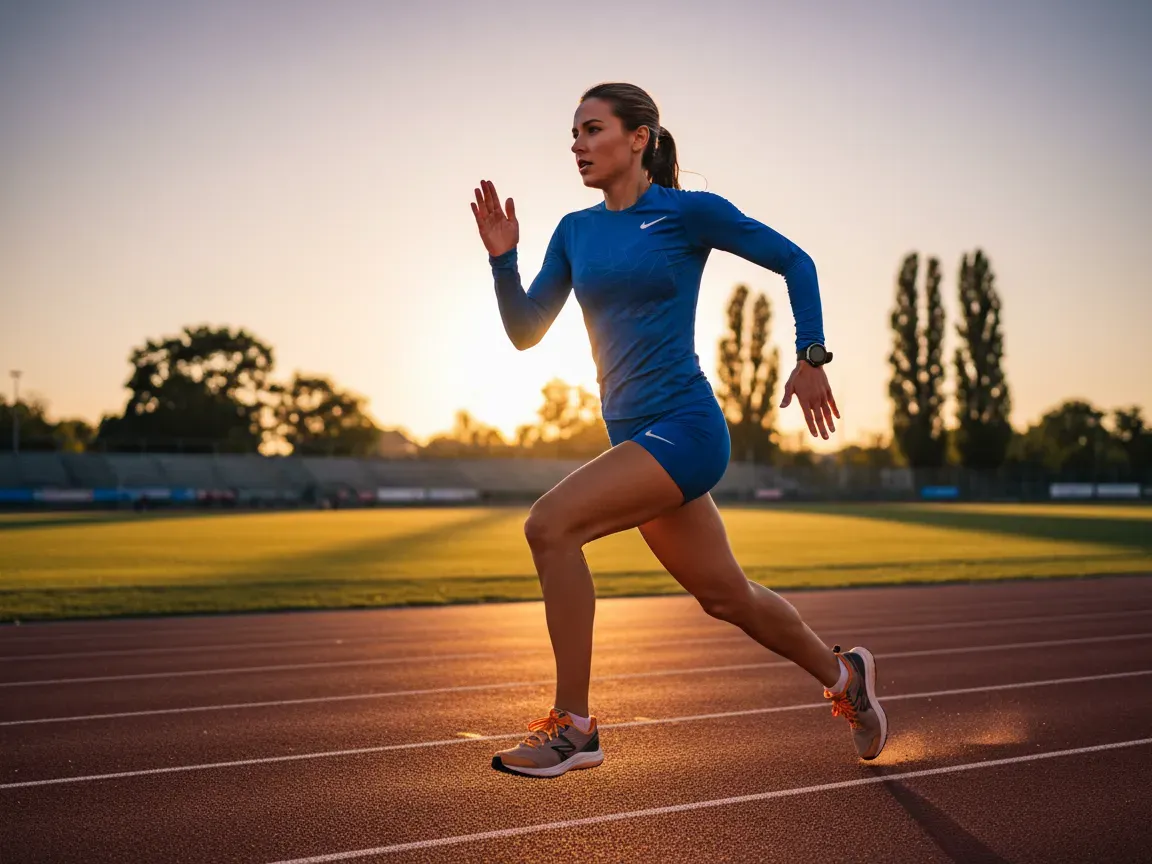 Zdeterminowany biegacz w trakcie sprintu na bieżni lekkoatletycznej w porannym słońcu, z rozmazanym tłem.