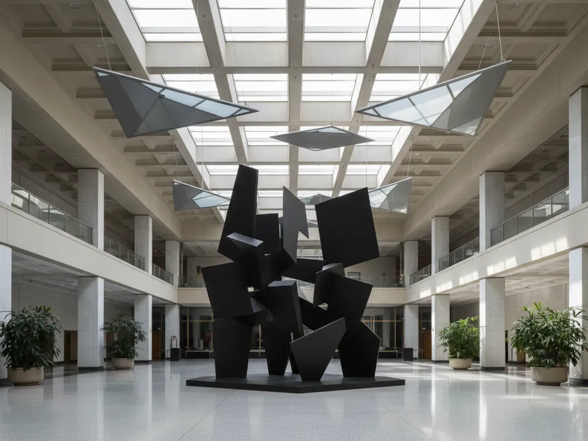 Czarna modernistyczna rzeźba w jasnym, przeszklonym atrium gmachu rządowego z wiszącymi pod sufitem formami.