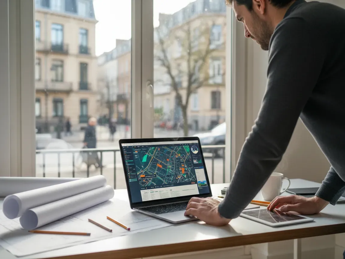 Osoba analizująca mapę miejskiego geoportalu na laptopie w jasnym biurze domowym, przez okno widać europejską ulicę, na biurku plany i kawa.