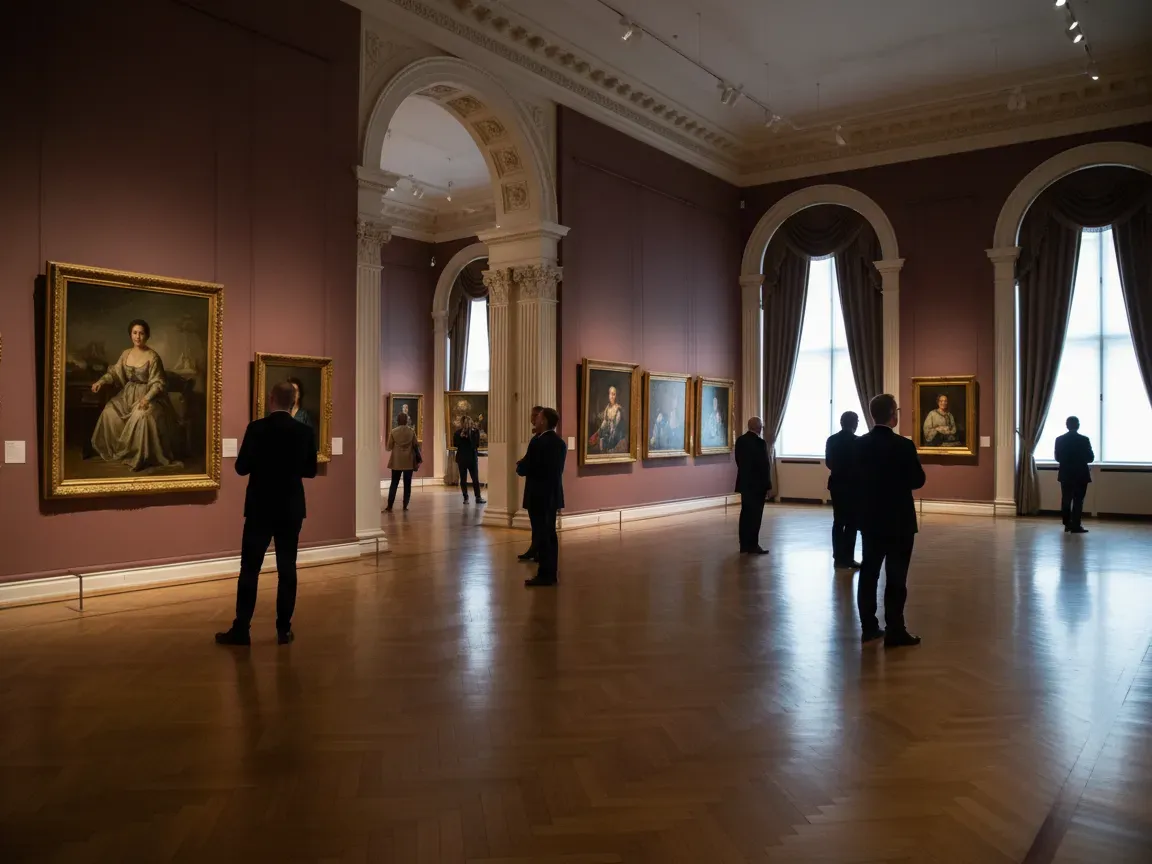 Wnętrze eleganckiego muzeum sztuki w Poznaniu; goście oglądają klasyczne obrazy na ciemnych ścianach, lśniący parkiet, miękkie światło reflektorów.