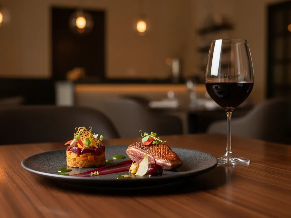 Elegancko podane danie gourmet na ciemnym talerzu z kieliszkiem czerwonego wina, ciepłe światło restauracji.