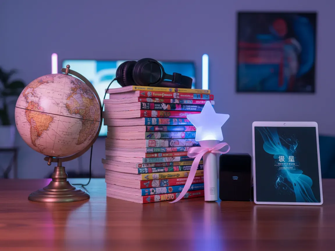 Globus, mangi, słuchawki i lightstick k-popowy na drewnianym stole w neonowym świetle.
